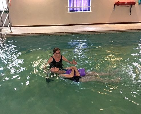 Frances, 82 years, performing back crawl leg kick and a back star float - previously Frances was a non-swimmer, very nervous and scared of the water Frances, 82 years, performing back crawl leg kick and a back star float - previously Frances was a non-swimmer, very nervous and scared of the water
